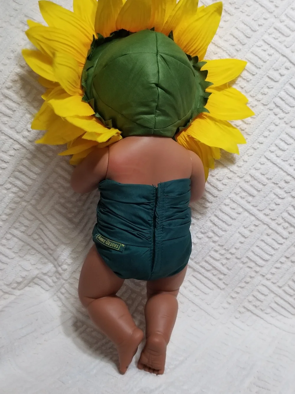 Vintage Anne Geddes Baby Doll With Yellow & Green Sunflower Costume & Headpiece
